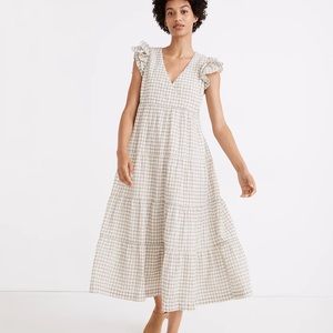 Madewell Gingham Seersucker Ruffle-Sleeve Tiered Midi Dress - XL